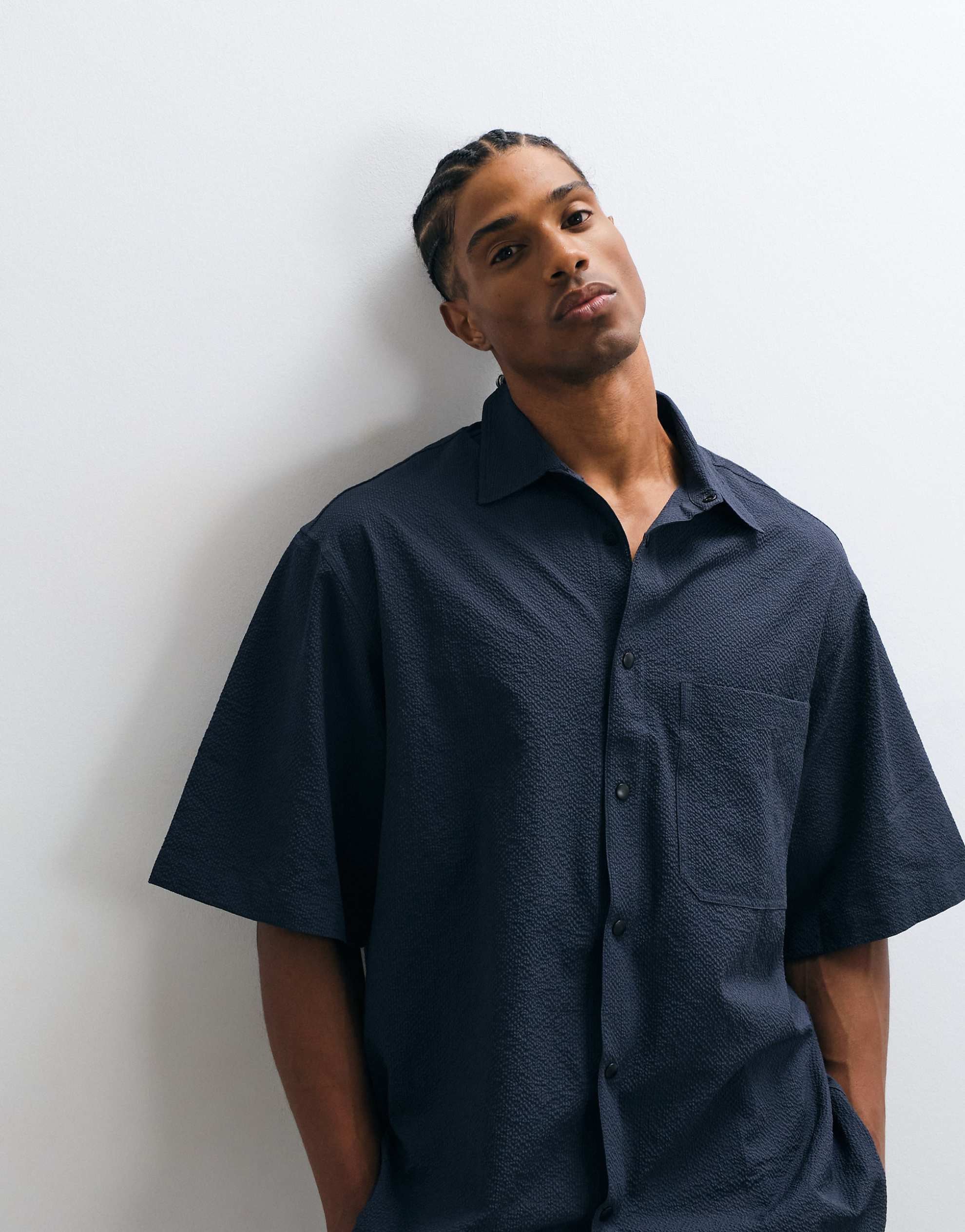 ARKET seersucker crinkle short sleeve shirt navy