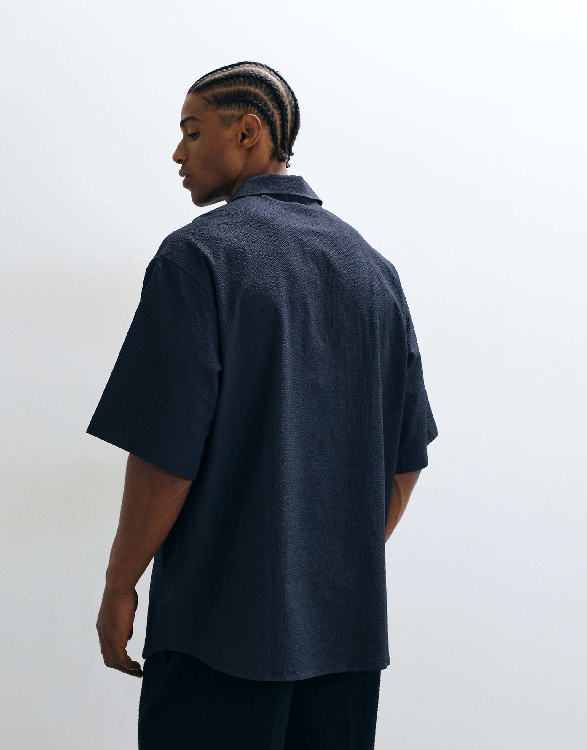 ARKET seersucker crinkle short sleeve shirt navy