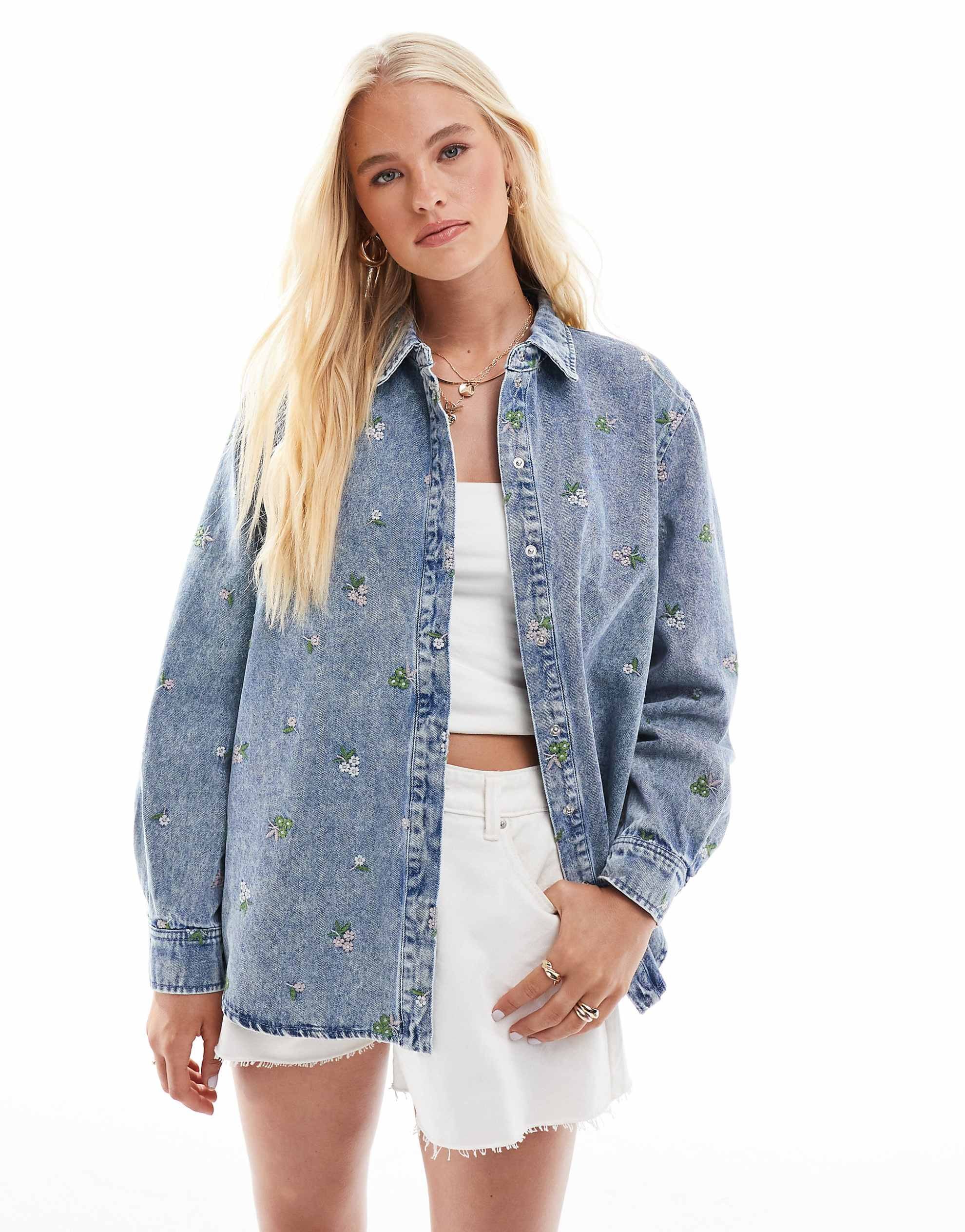 ONLY flower embroidery denim shirt light blue
