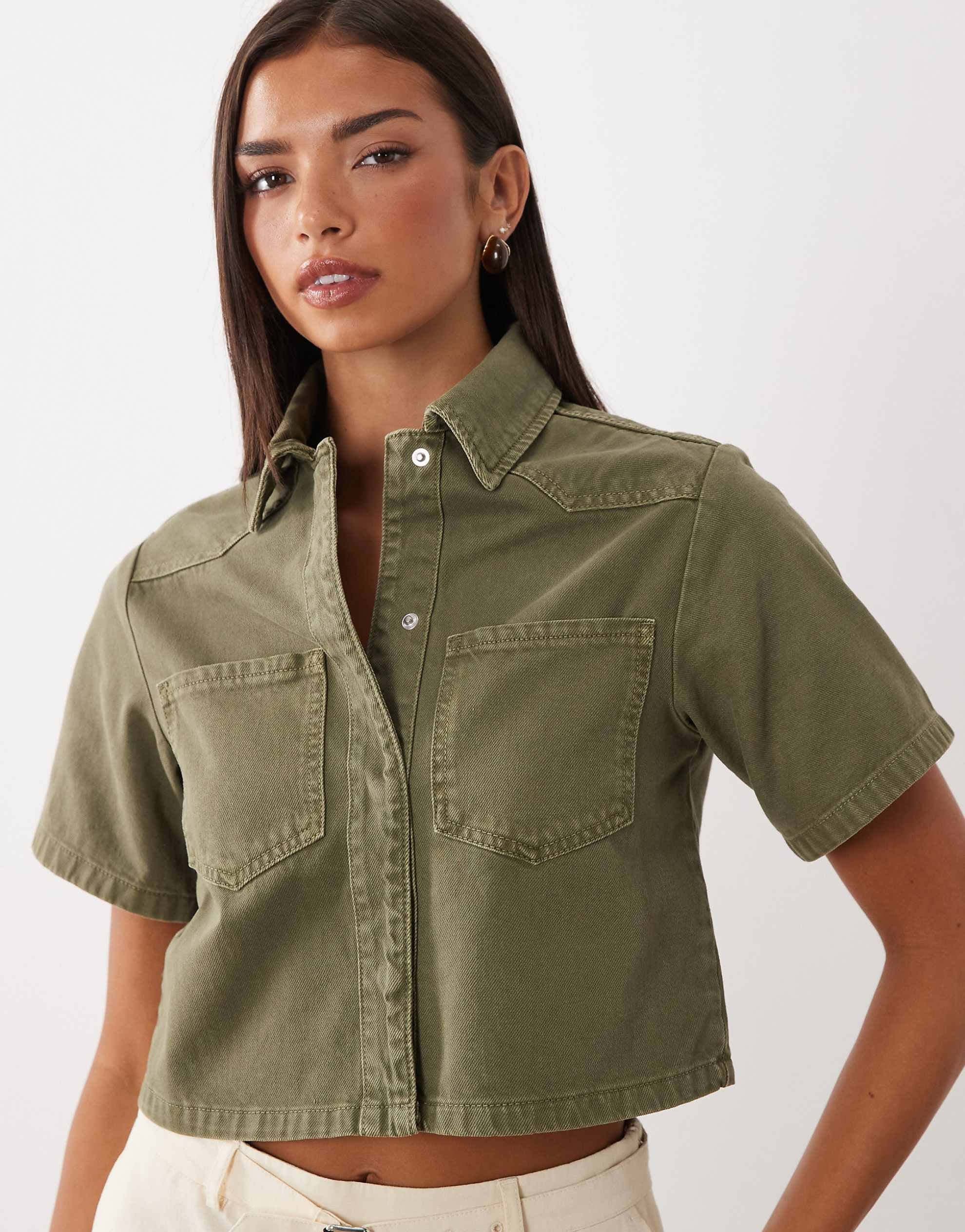 DESIGN denim crop shirt khaki