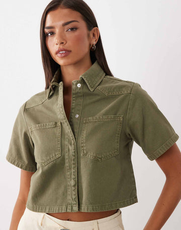 DESIGN denim crop shirt khaki