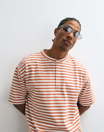 DESIGN heavyweight boxy oversized Henley t-shirt red stripe.