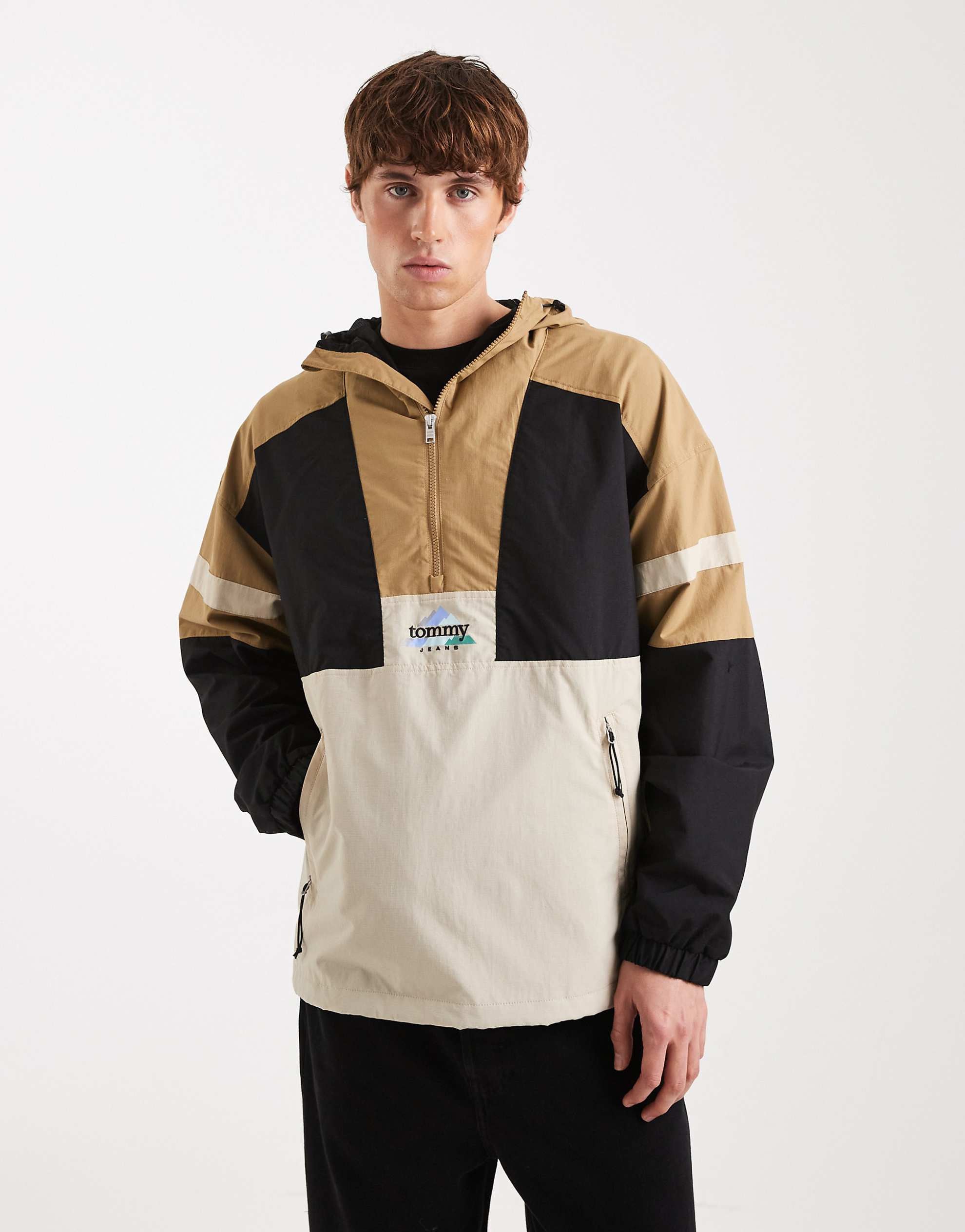 Tommy Jeans colour block water proof anorak hood brown black