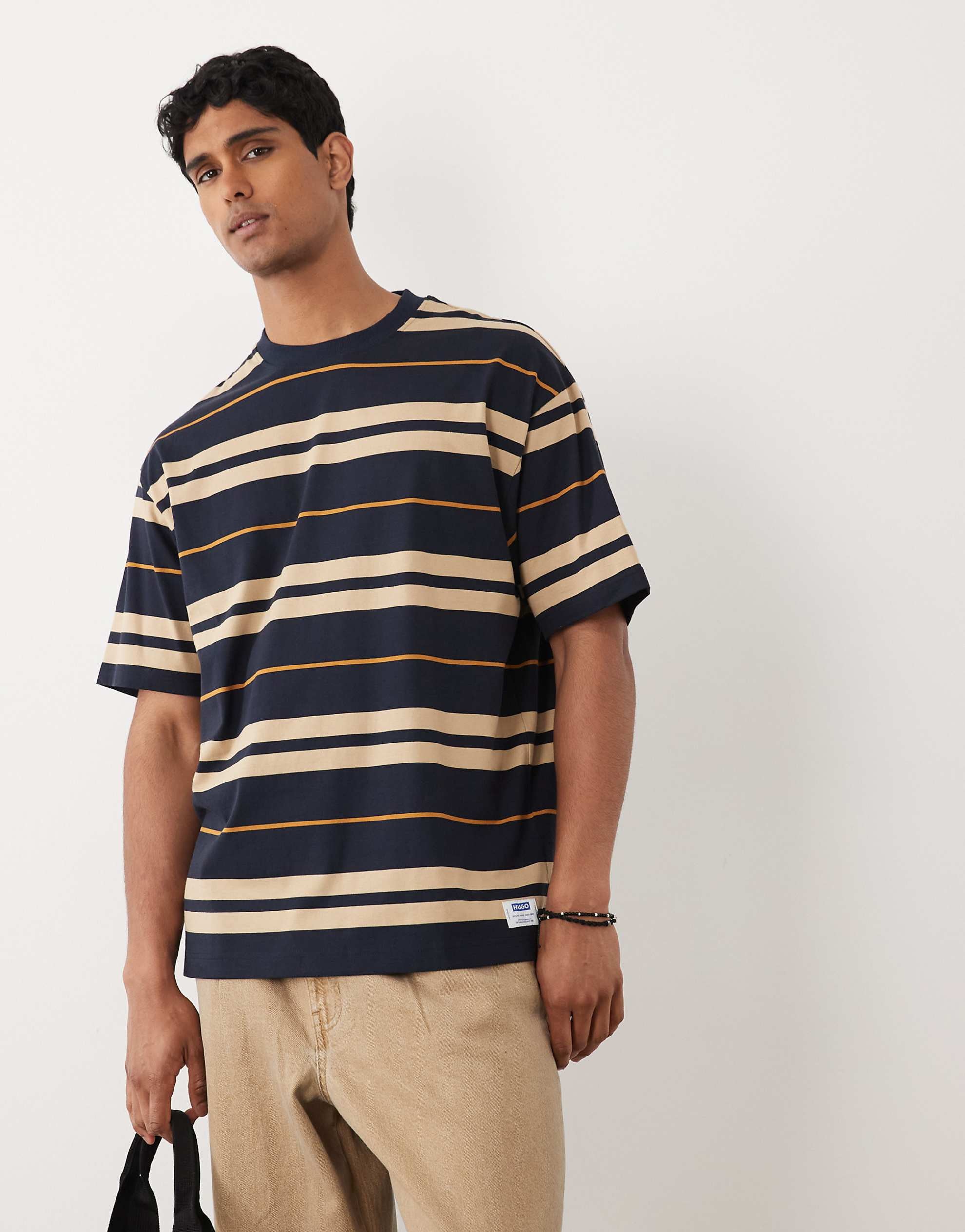 HUGO Blue Nivarsi loose fit stripe t-shirt navy.