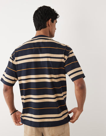 HUGO Blue Nivarsi loose fit stripe t-shirt navy.