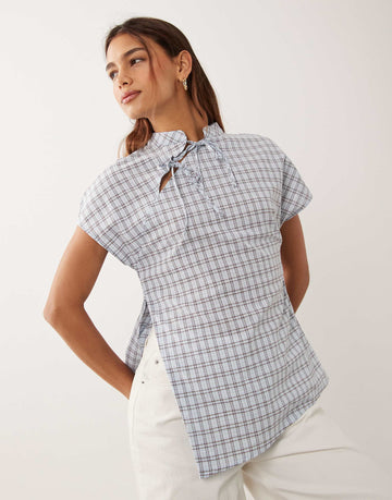 DESIGN mandarin collar shirt brown blue check