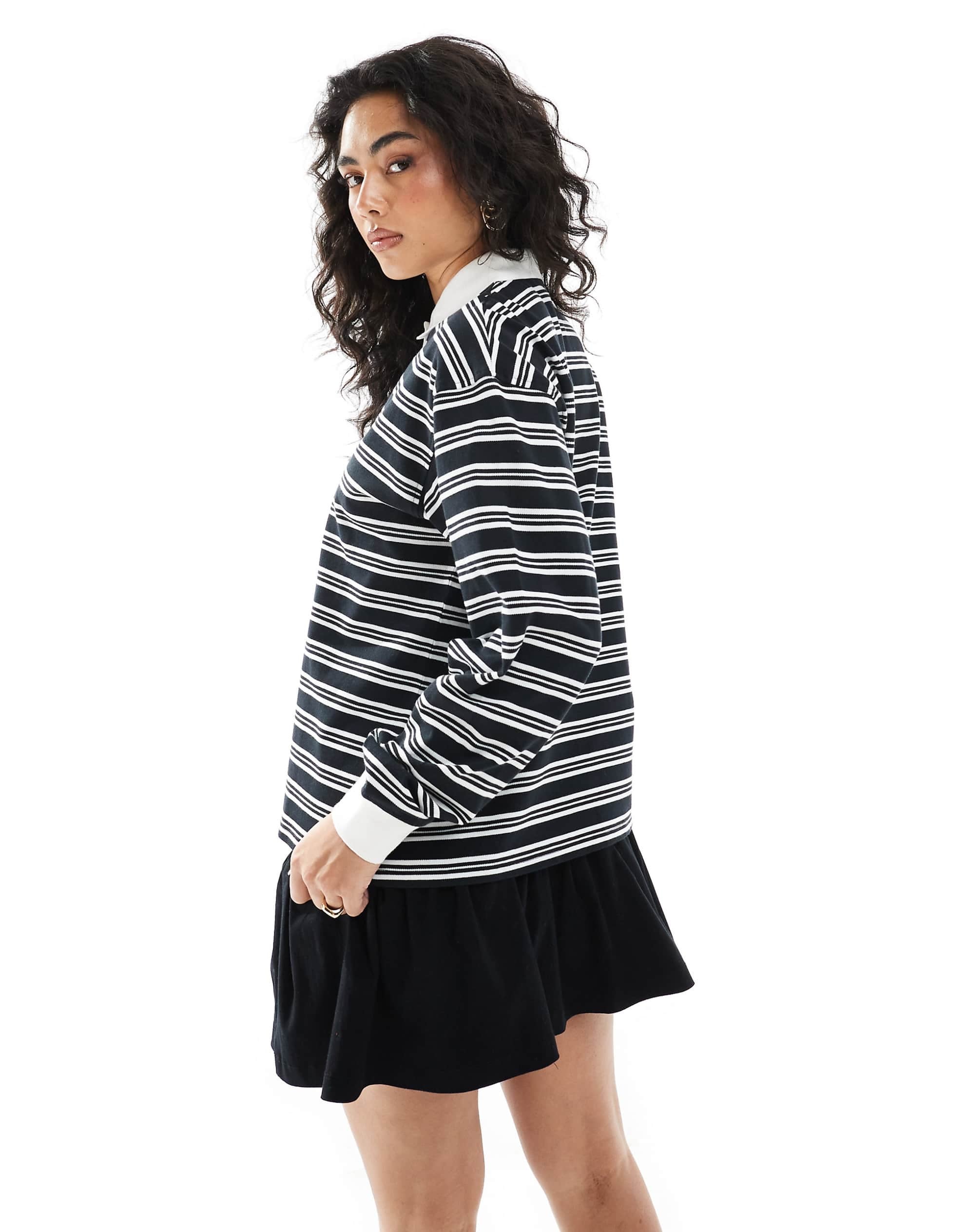 Monki stripe rugby sleeve black white