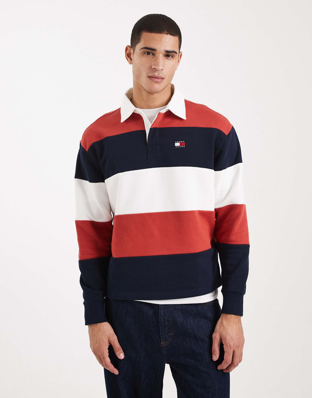 Tommy Jeans relaxed striped flag logo rugby sweater red / navy / white