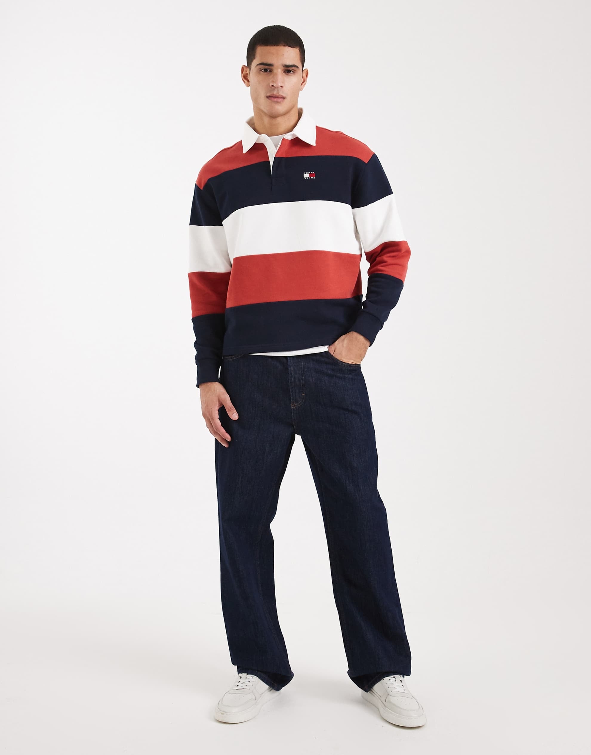 Tommy Jeans relaxed striped flag logo rugby sweater red / navy / white