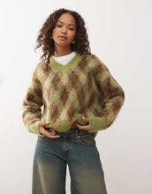 Load image into Gallery viewer, Reclaimed Vintage v-neck brushed knitted jumper brown green argyle pattern