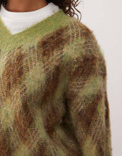 Load image into Gallery viewer, Reclaimed Vintage v-neck brushed knitted jumper brown green argyle pattern