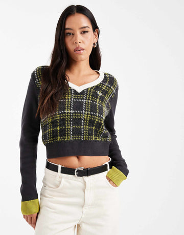 Fred Perry v-neck tartan jumper dark grey