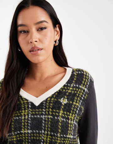 Fred Perry v-neck tartan jumper dark grey