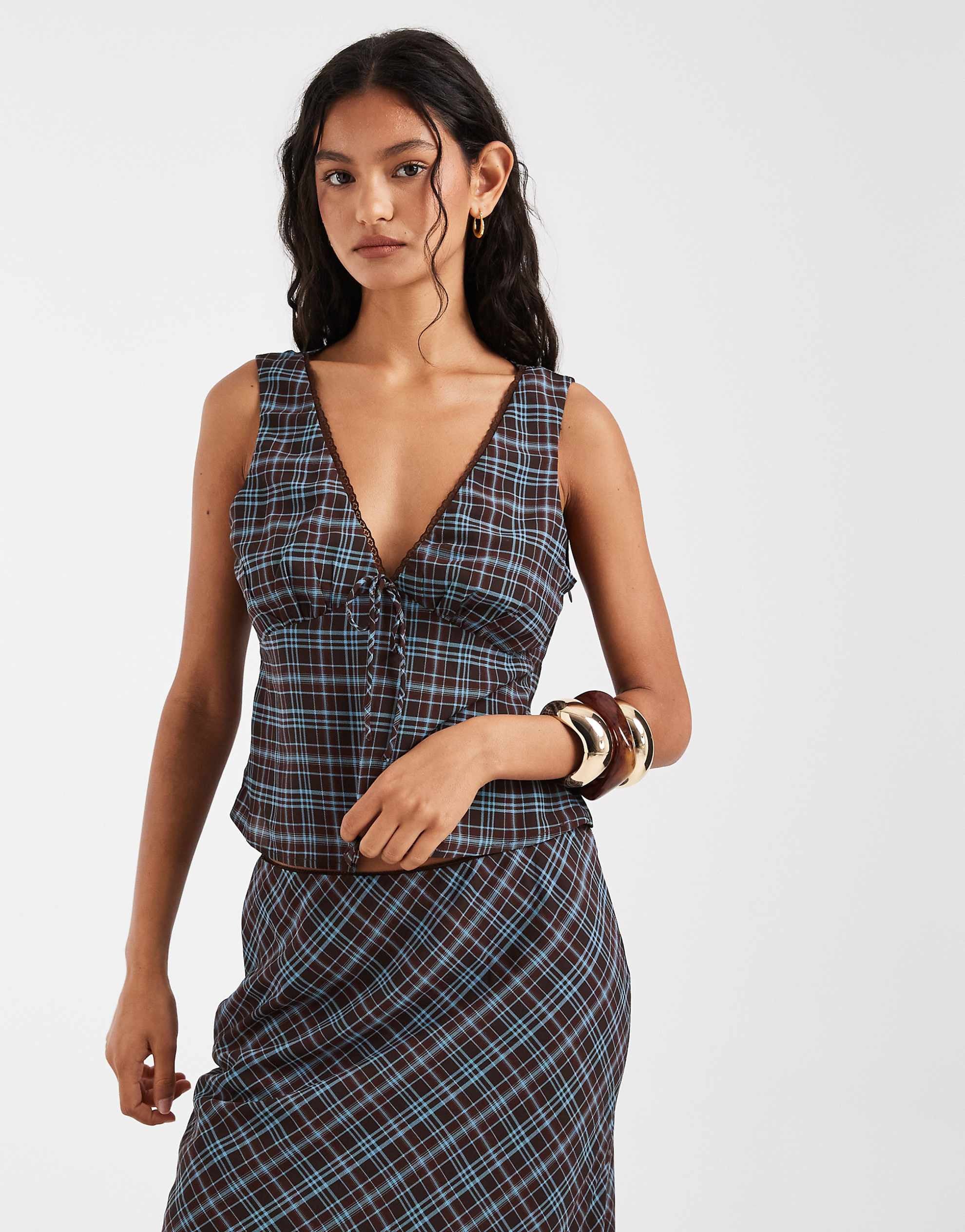 Kiss the Sky v neck chiffon top blue check co-ord