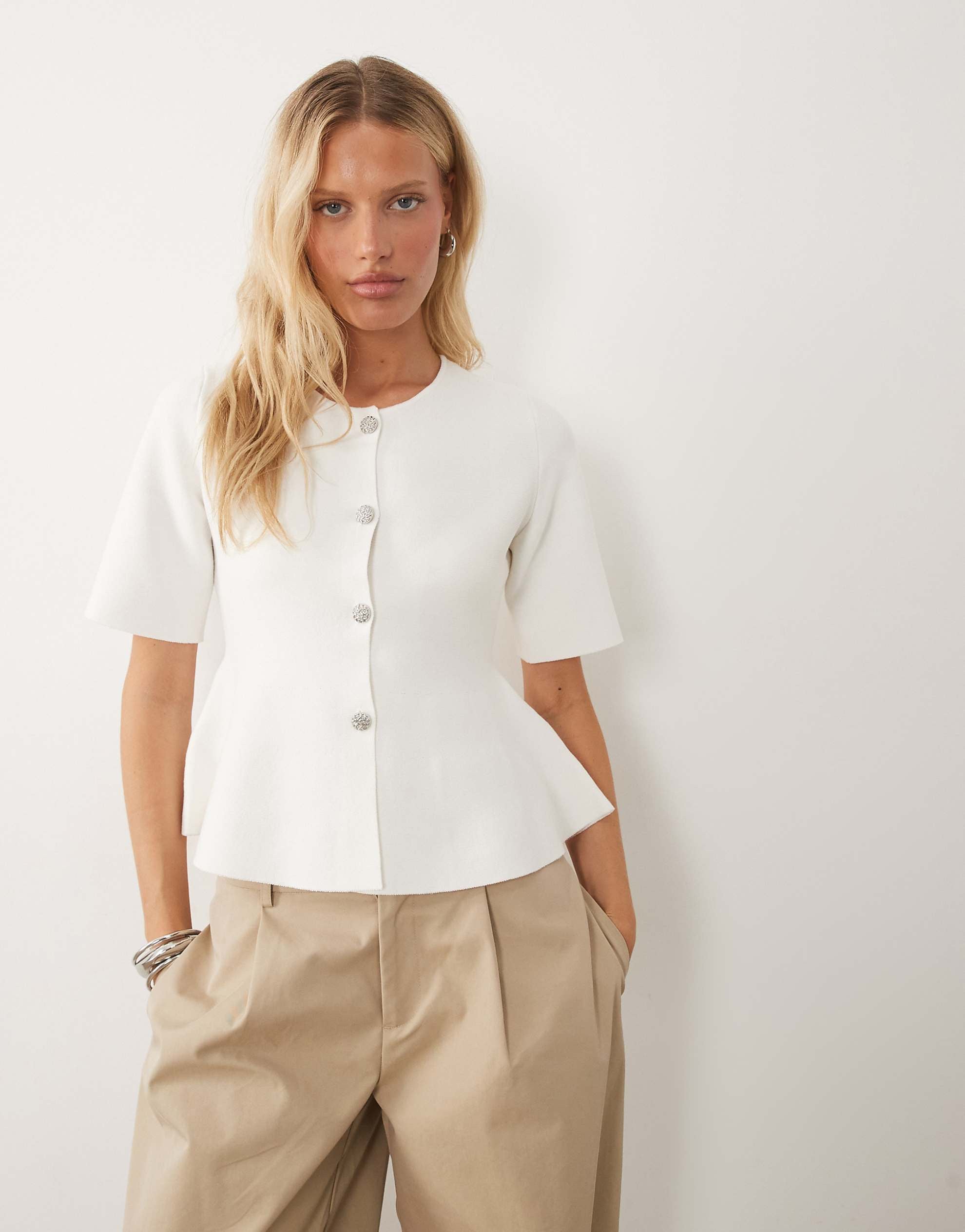 Vila structured knit long sleeve peplum hem top white