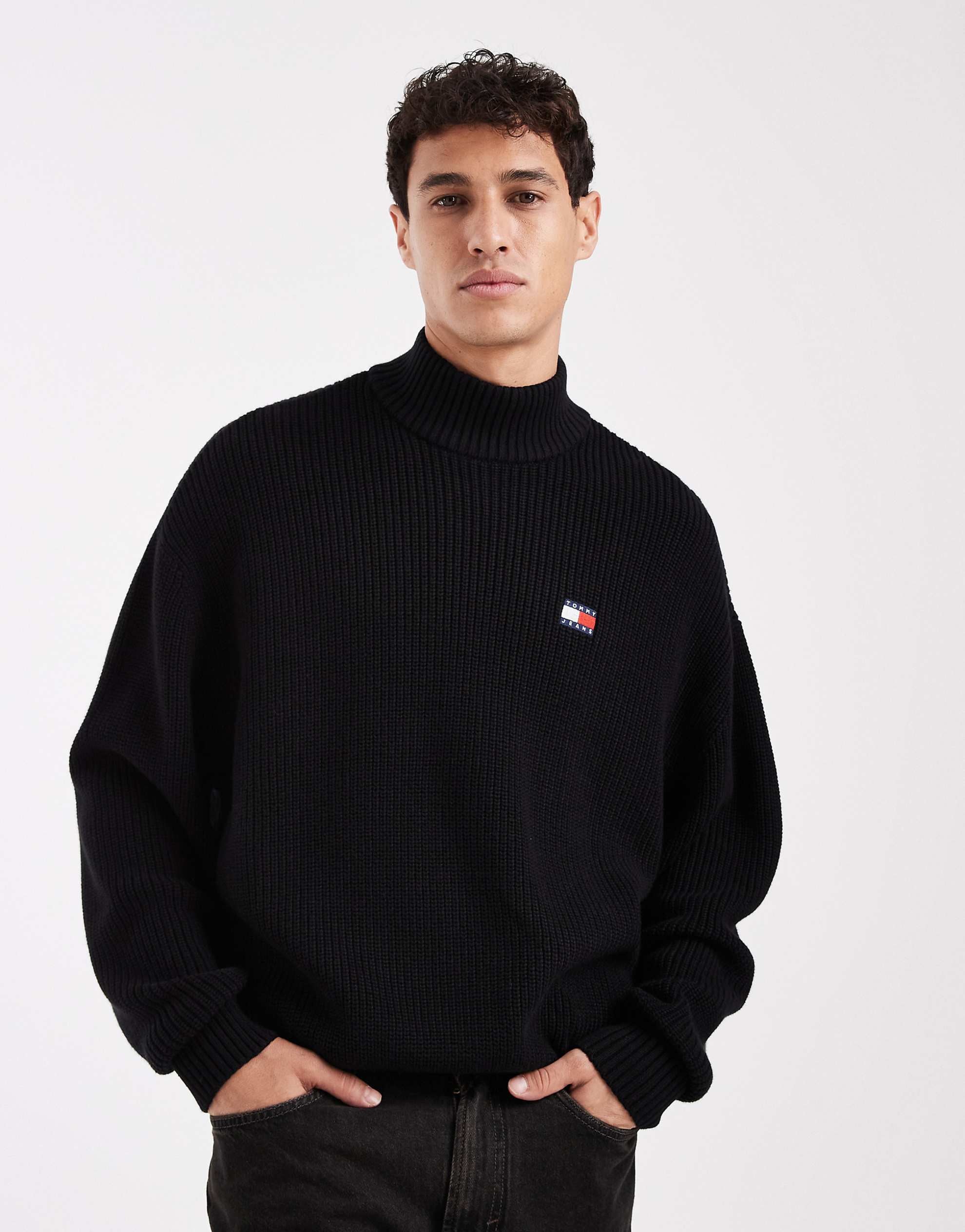 Tommy Jeans chest logo mock neck jumper black