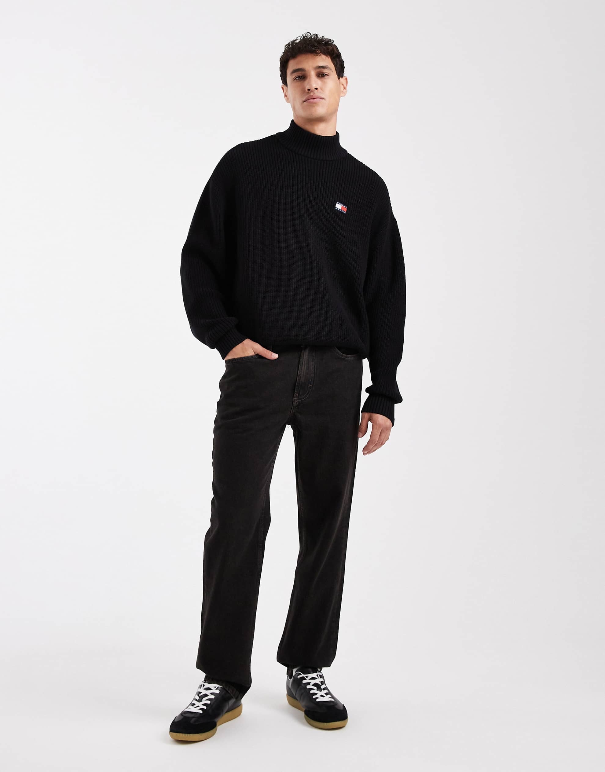 Tommy Jeans chest logo mock neck jumper black