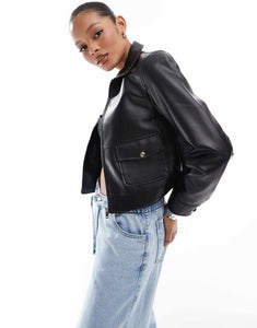 Threadbare faux leather trucker jacket black