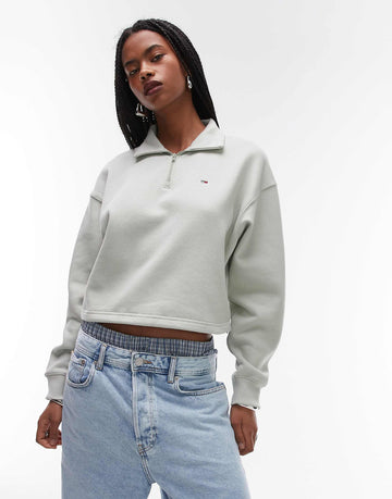 Tommy Jeans boxy crop 1/4 zip cropped jumper sage