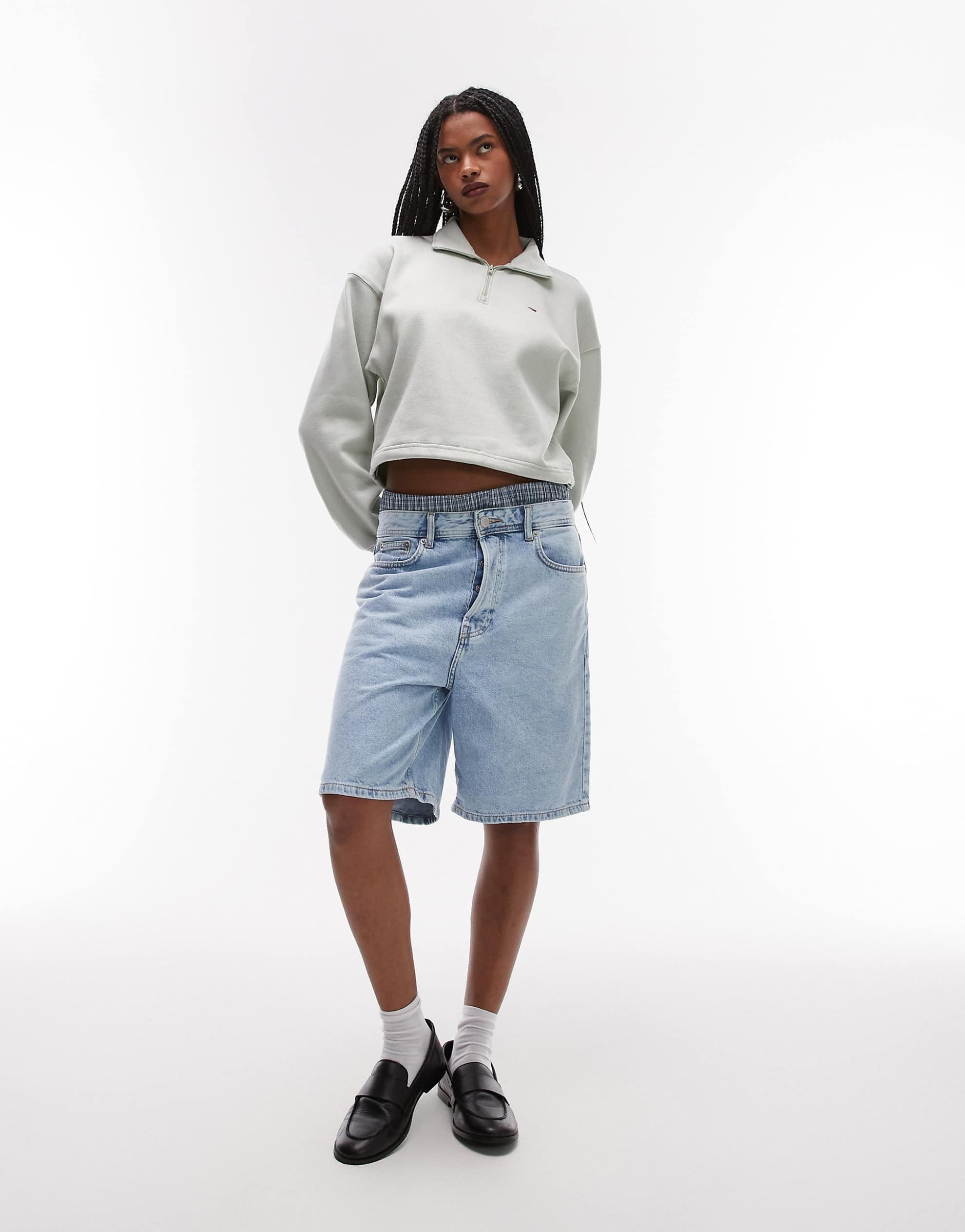 Tommy Jeans boxy crop 1/4 zip cropped jumper sage