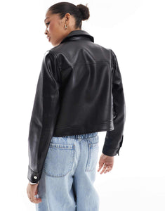 Threadbare faux leather trucker jacket black