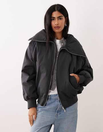 Mango padded zip through bomber jacket grey