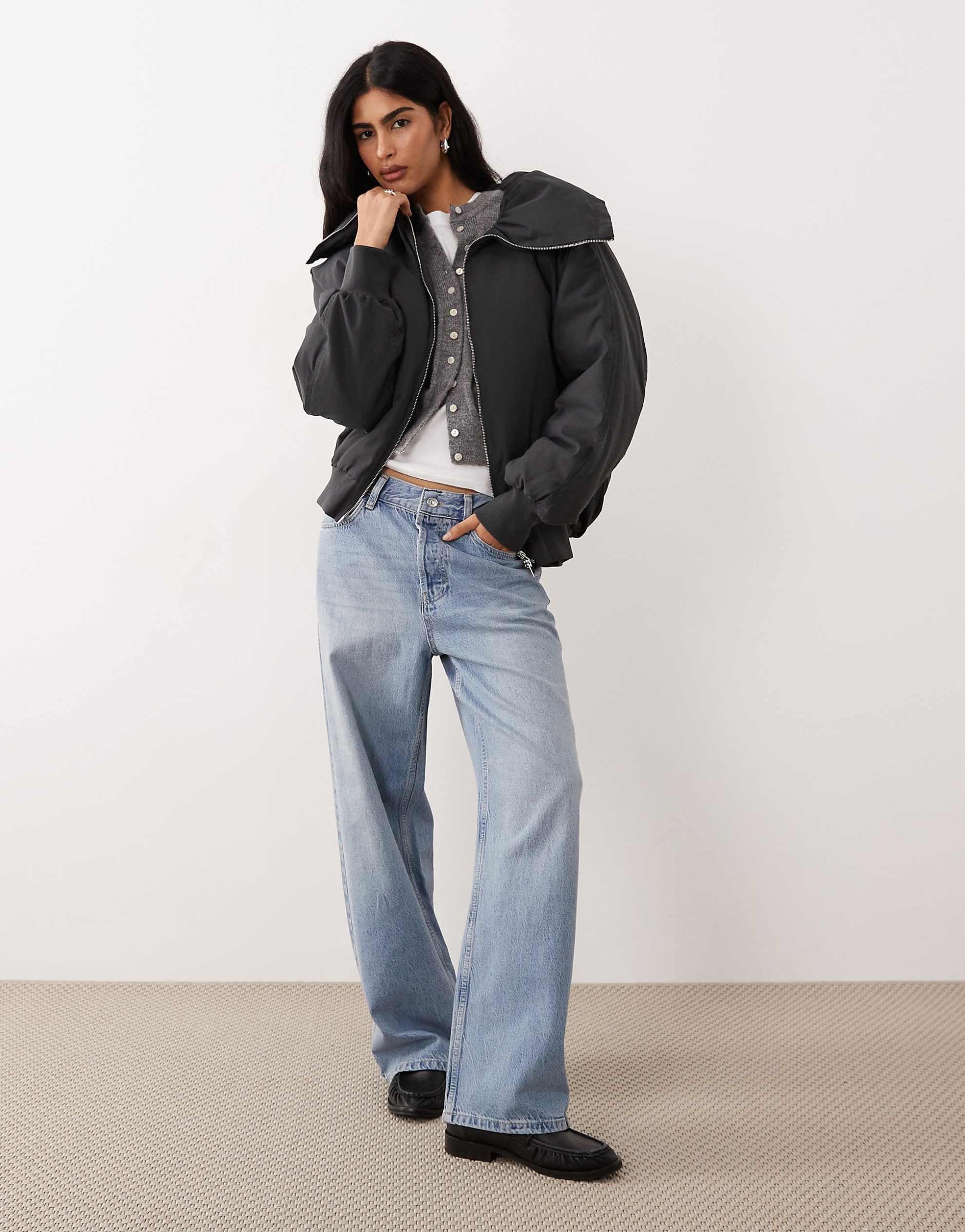 Mango padded zip through bomber jacket grey