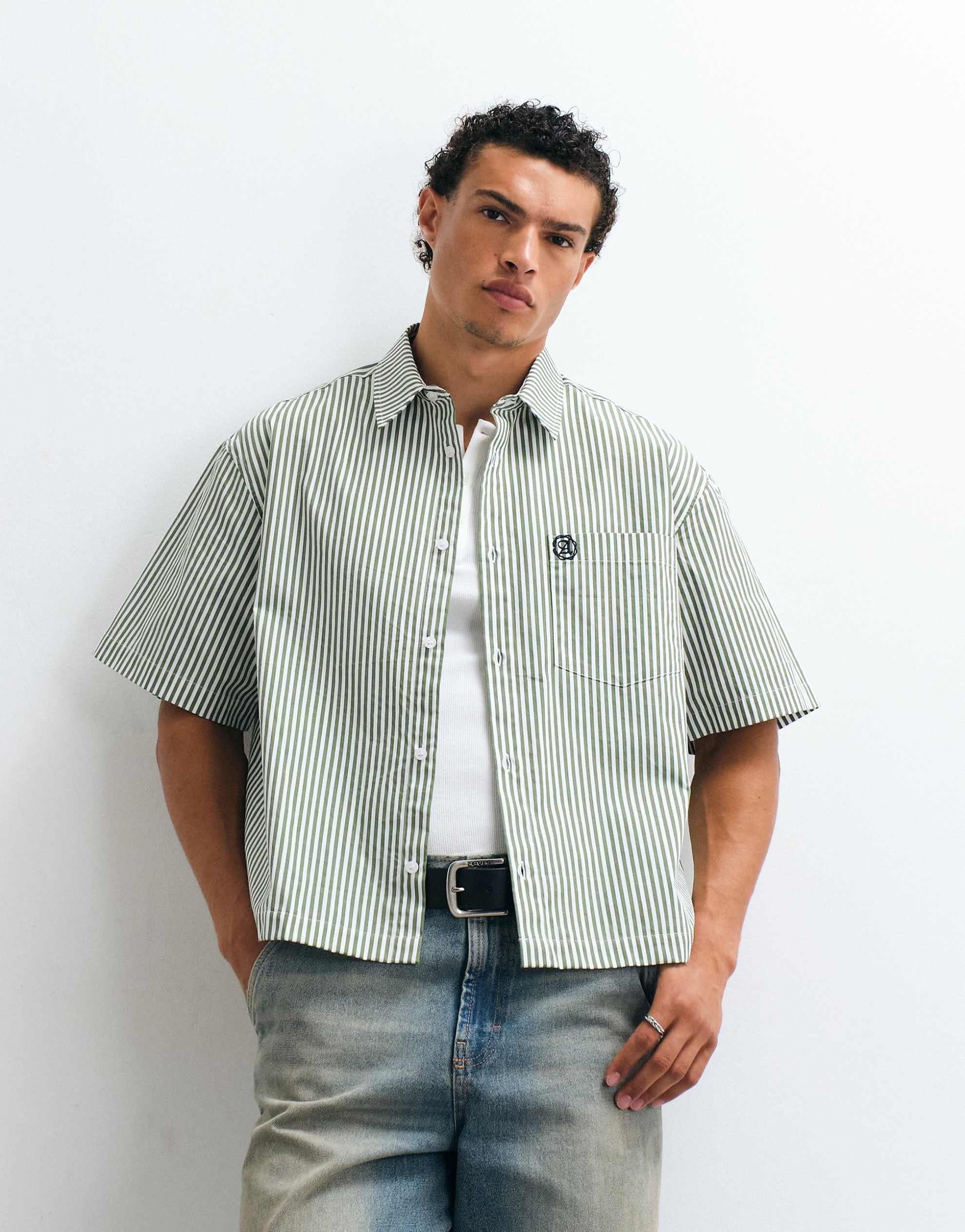 DESIGN boxy oversized stripe shirt embroidery green