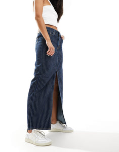 Monki ankle column stripe denim skirt dark blue