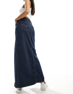 Monki ankle column stripe denim skirt dark blue