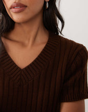 Load image into Gallery viewer, DESIGN knitted v neck short sleeve top curved hem chocolate brown