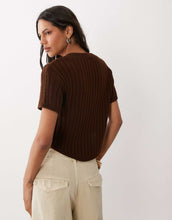 Load image into Gallery viewer, DESIGN knitted v neck short sleeve top curved hem chocolate brown