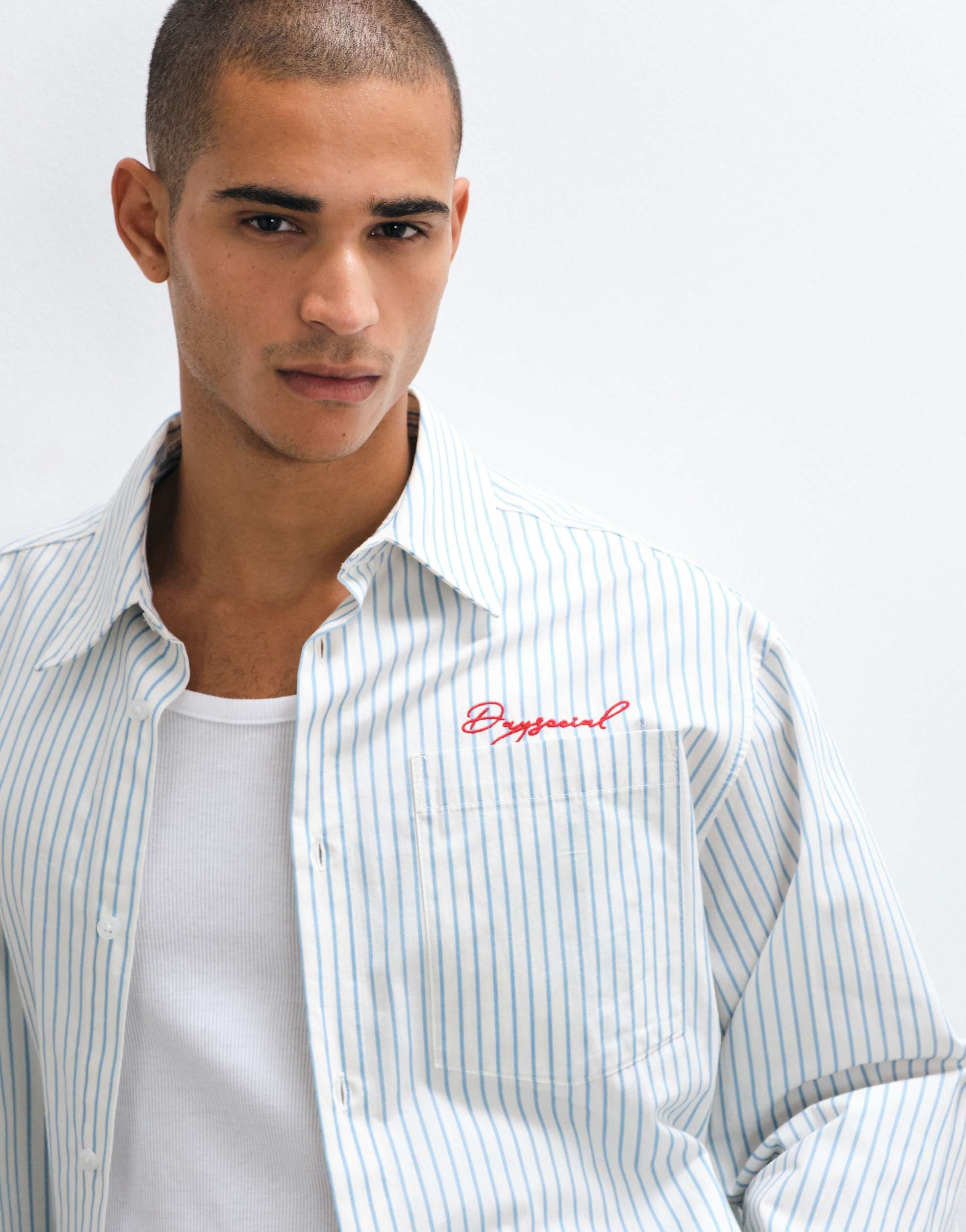 DESIGN boxy oversized stripe shirt chest embroidery blue white