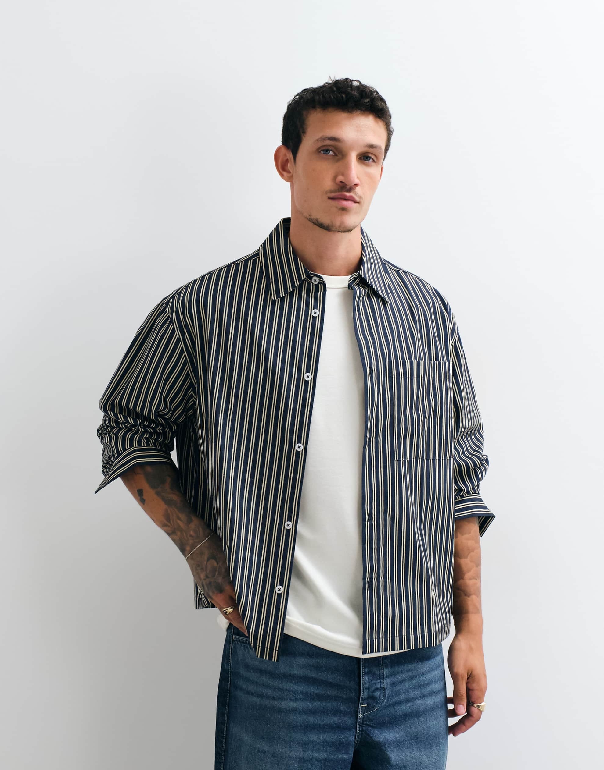 DESIGN boxy oversized poplin stripe shirt navy