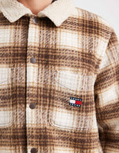 Load image into Gallery viewer, Tommy Jeans chest logo check teddy overshirt brown