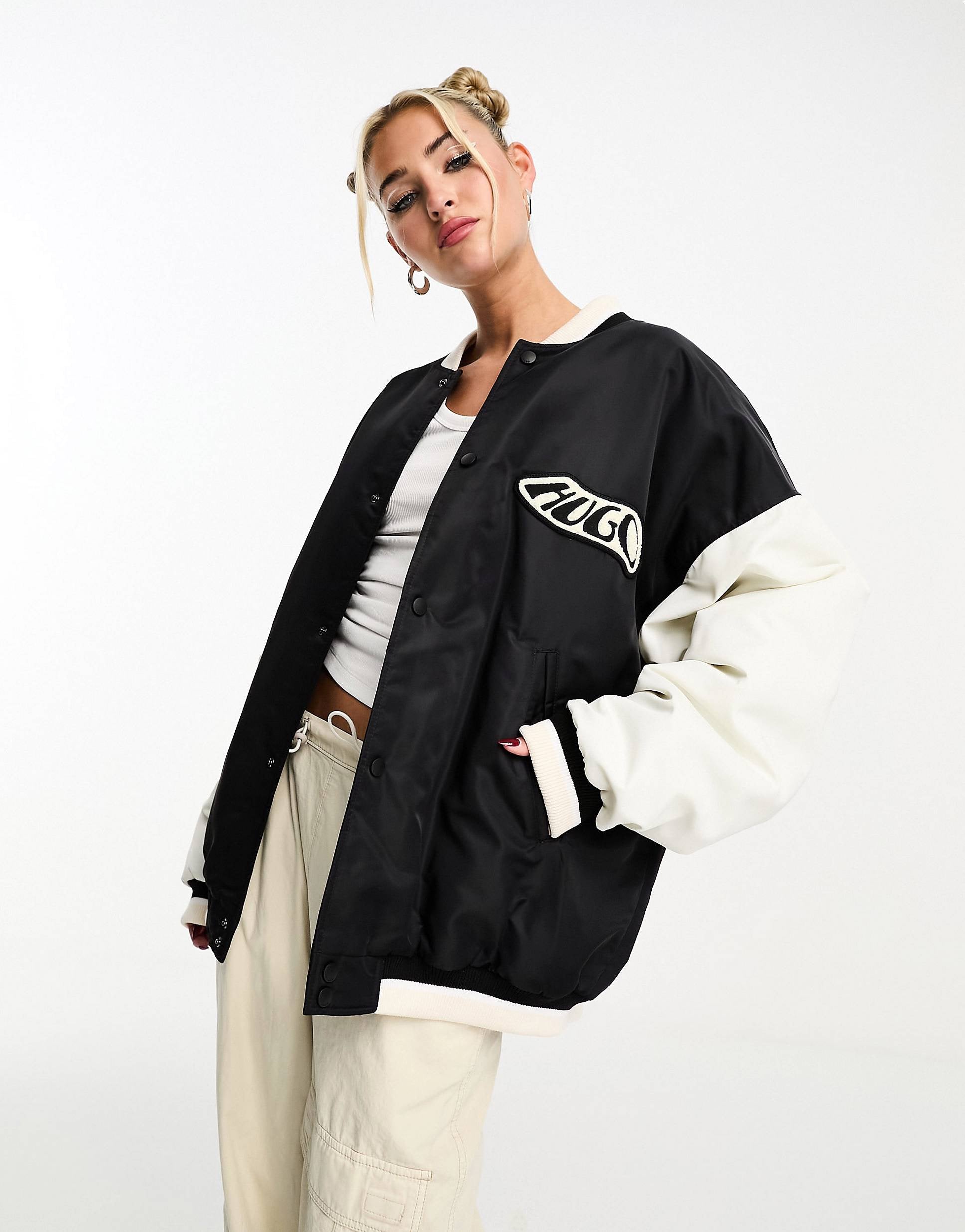 HUGO Flesia oversized varsity style jacket black