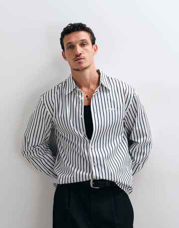 Prohibited script pocket long sleeve shirt white black stripe