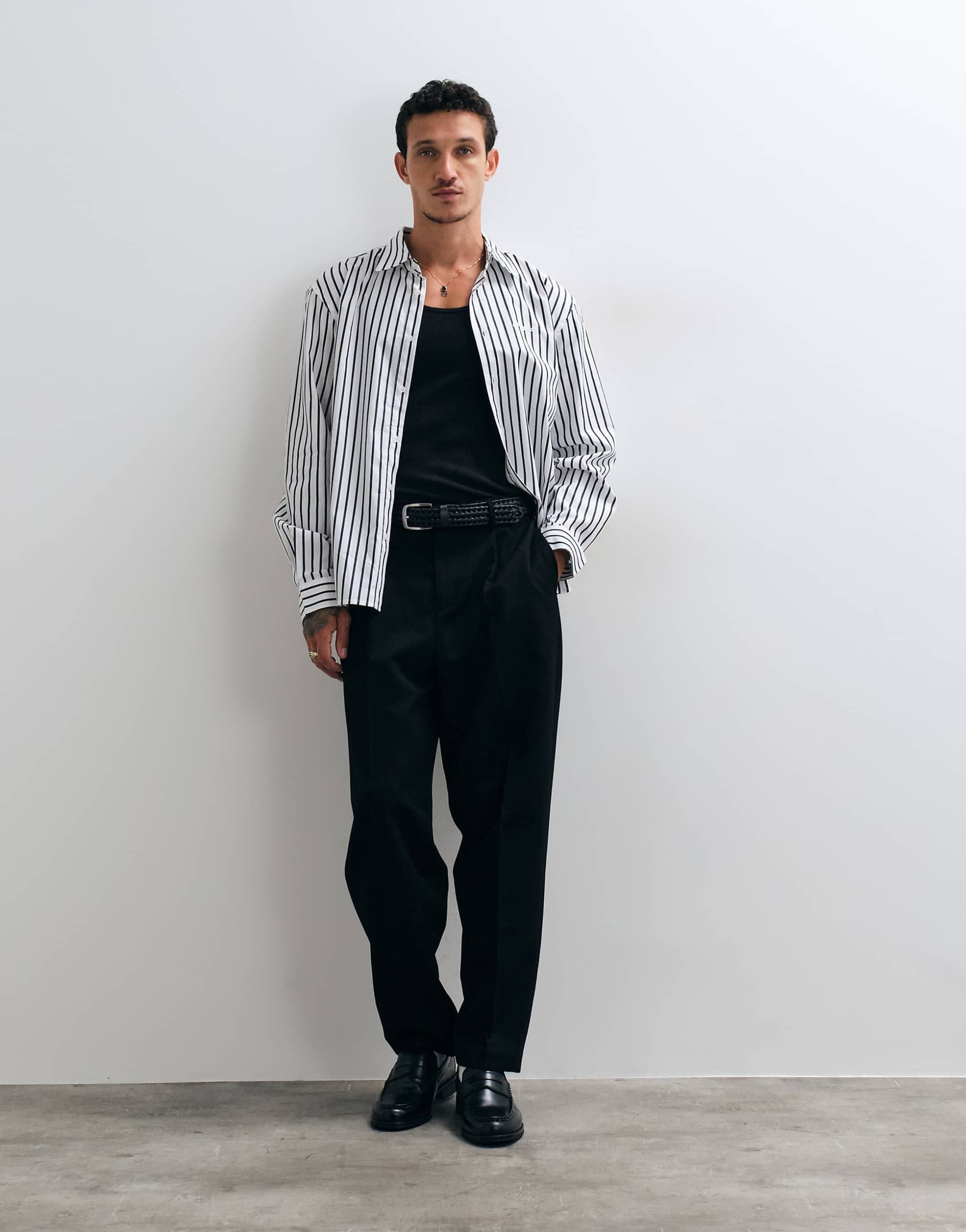 Prohibited script pocket long sleeve shirt white black stripe
