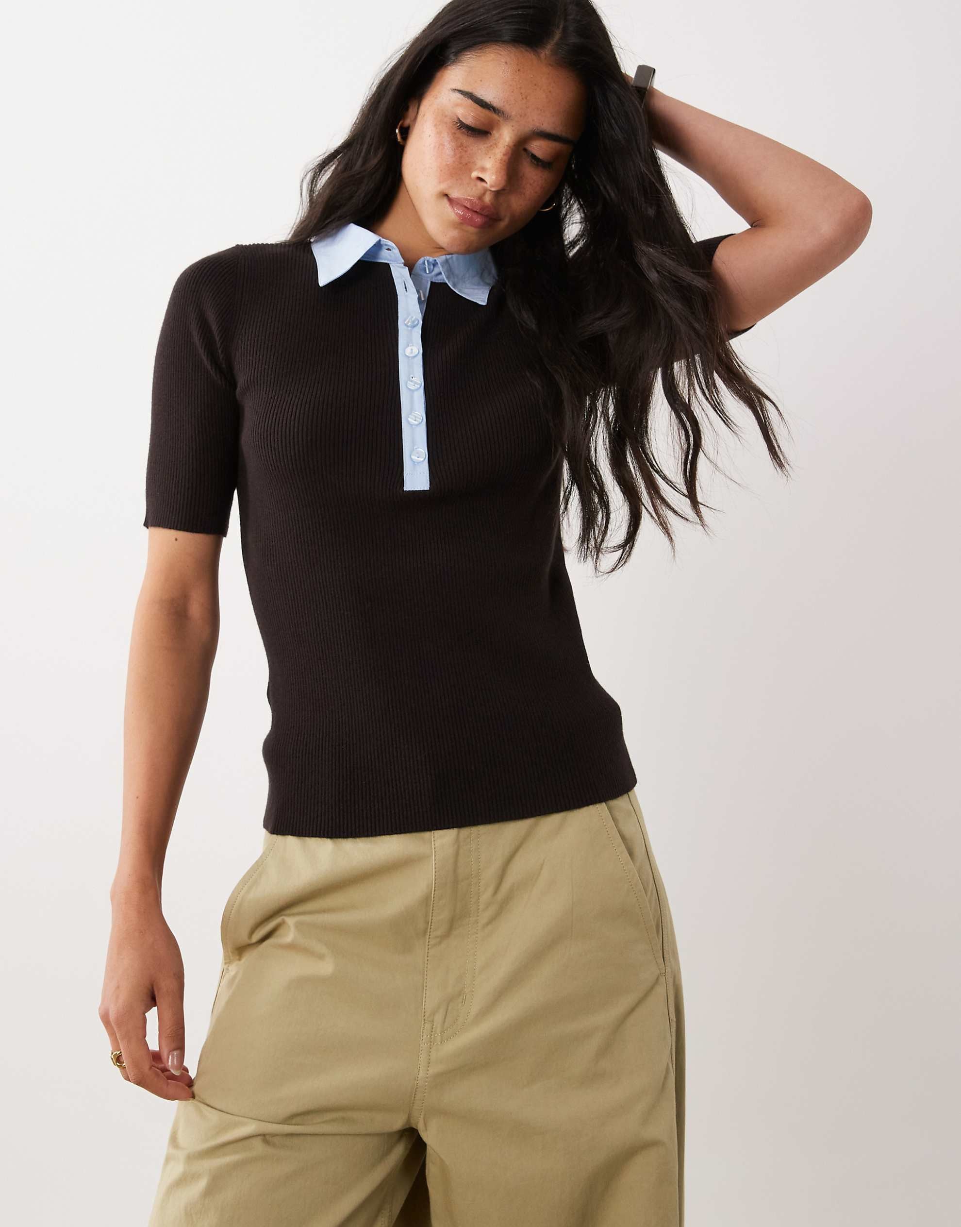 Mango short sleeve contrast tipping polo top dark brown