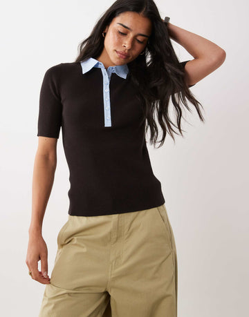 Mango short sleeve contrast tipping polo top dark brown