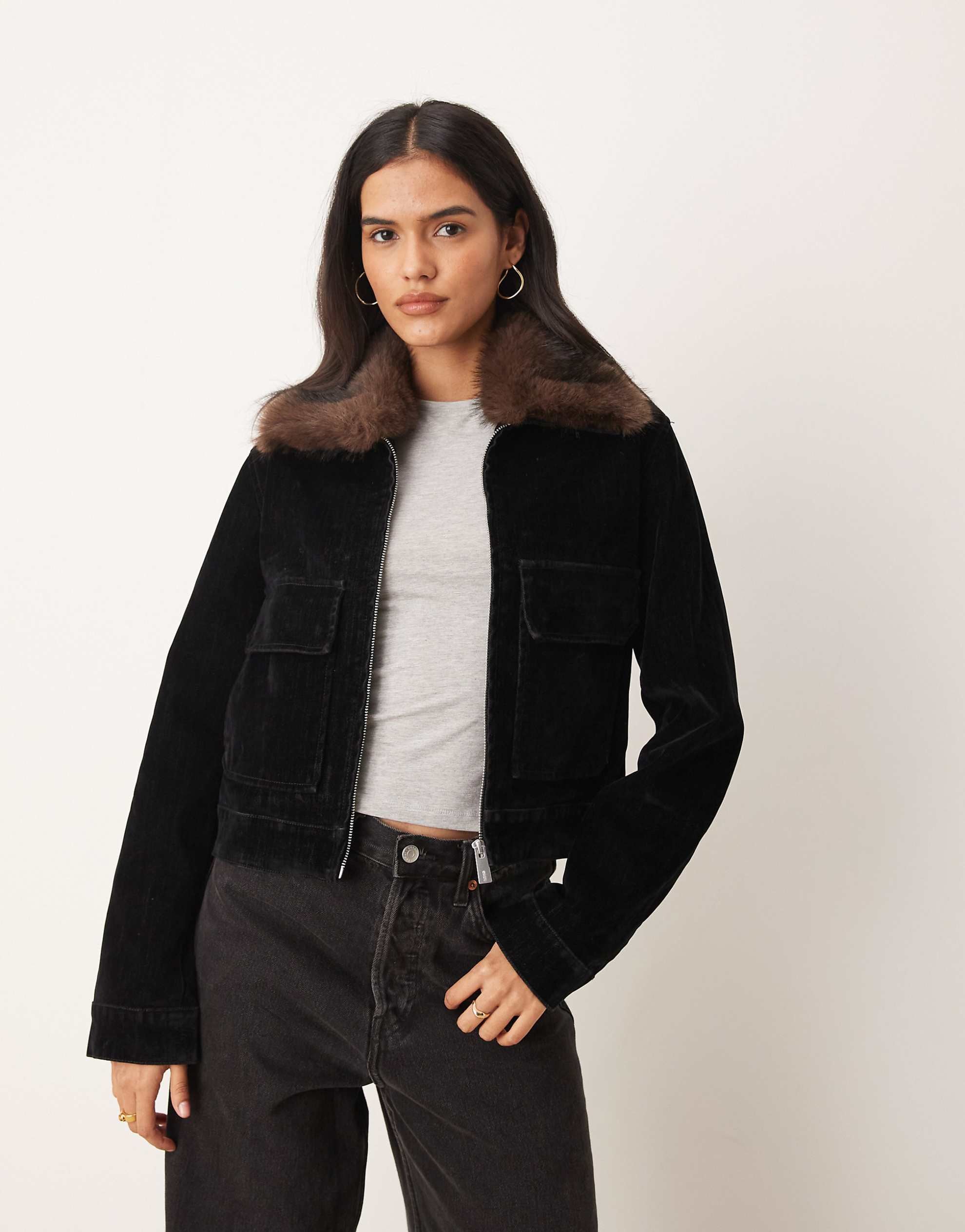 Mango denim jacket with faux fur collar black