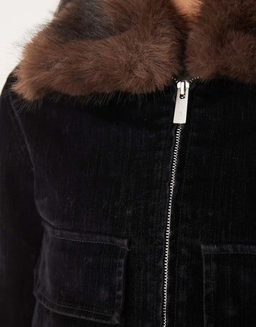 Mango denim jacket with faux fur collar black