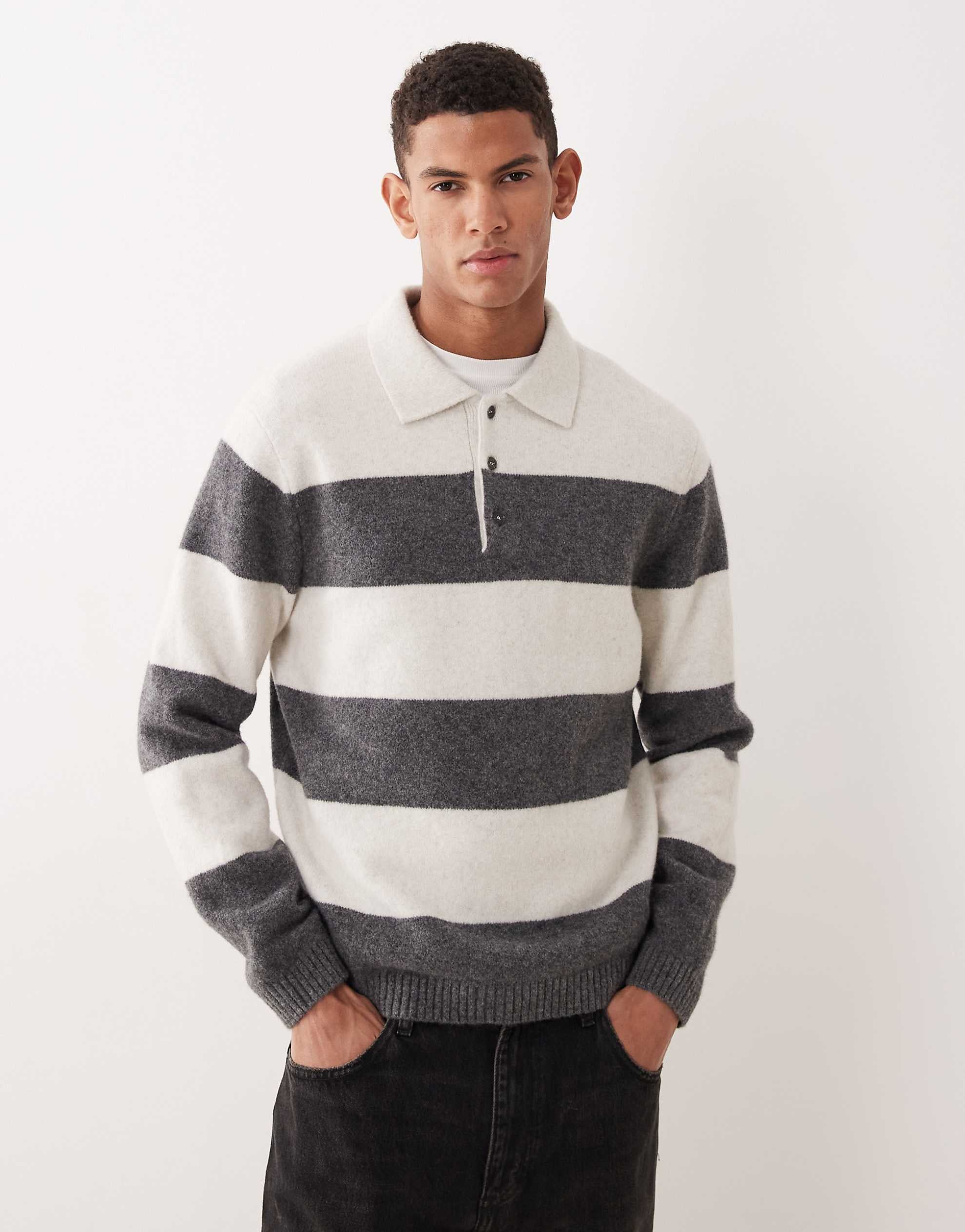 Mango striped knitted polo jumper ecru