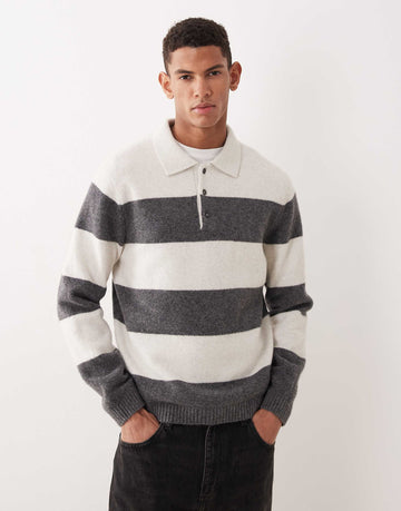 Mango striped knitted polo jumper ecru