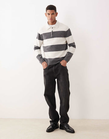 Mango striped knitted polo jumper ecru