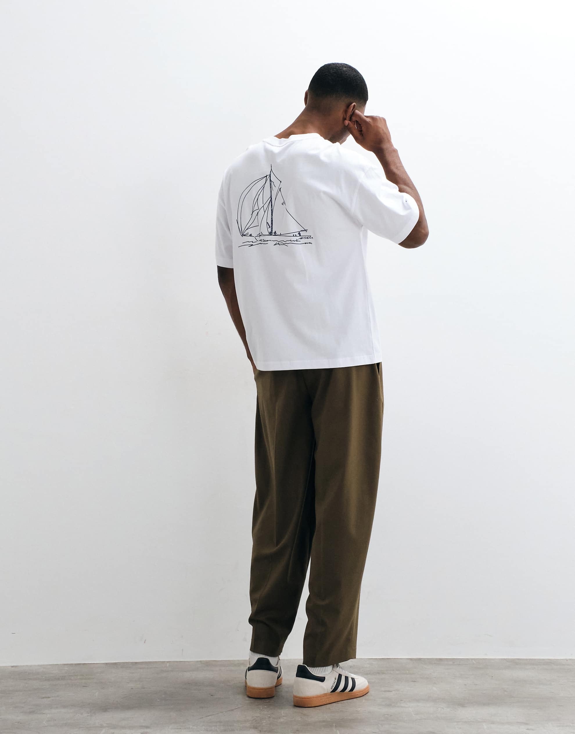 Selected relaxed fit t-shirt navy sailing boat print white