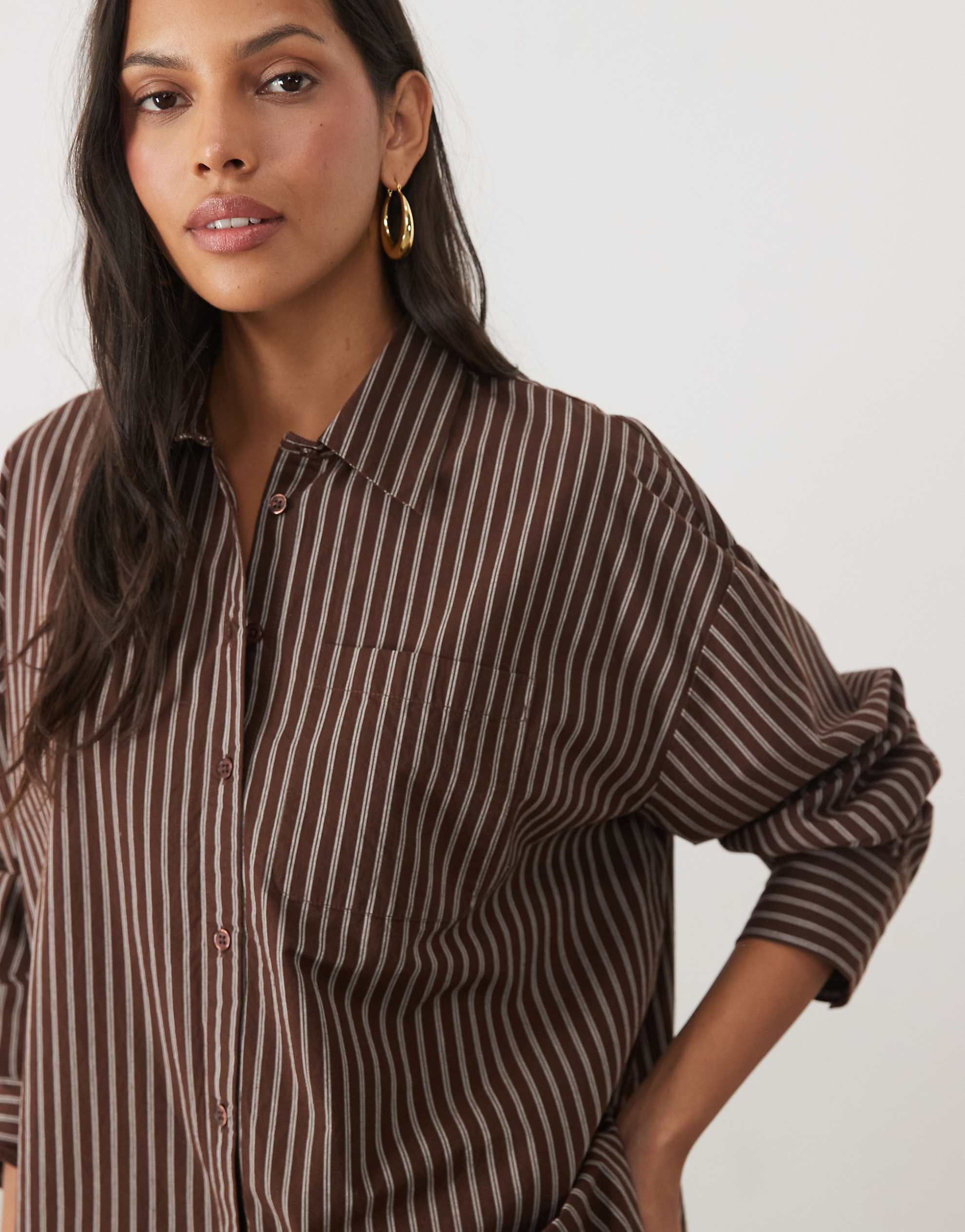 New Look oversized cotton poplin shirt chocolate brown stripe