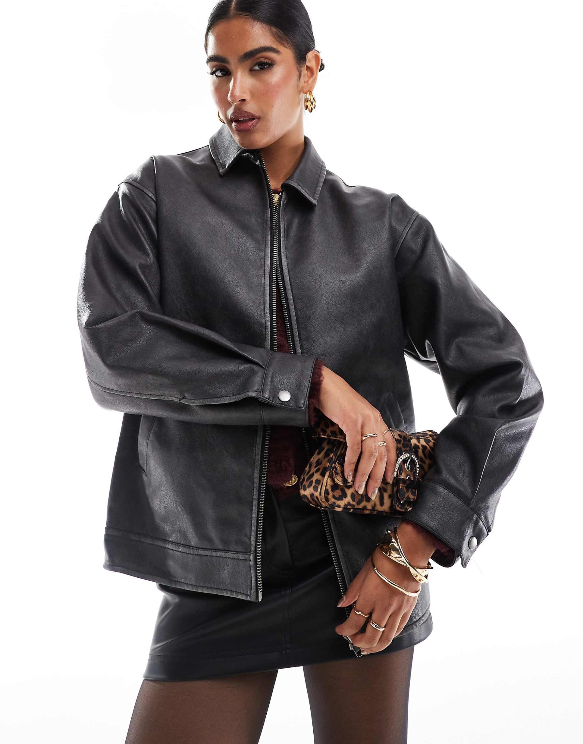 Miss Selfridge leather oversized bomber jacket black n shpishop