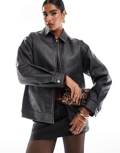 Miss Selfridge leather oversized bomber jacket black