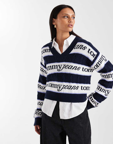 Tommy Jeans stripe logo v neck jumper white blue
